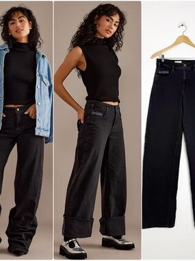 Pilcro Sport Cuff Wide Leg Jeans 27 Black Mid Rise Crop Anthropologie